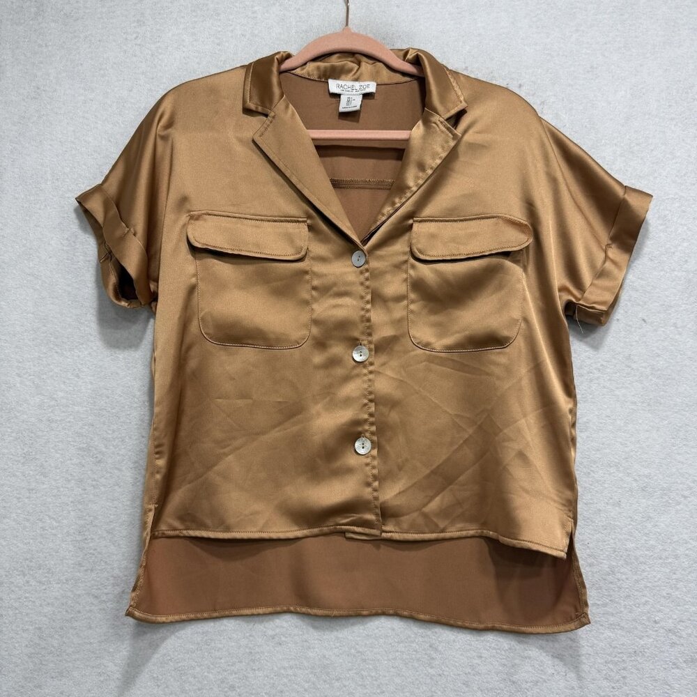 Rachel Zoe Satin Short-Sleeve Button Front Blouse in Bronze